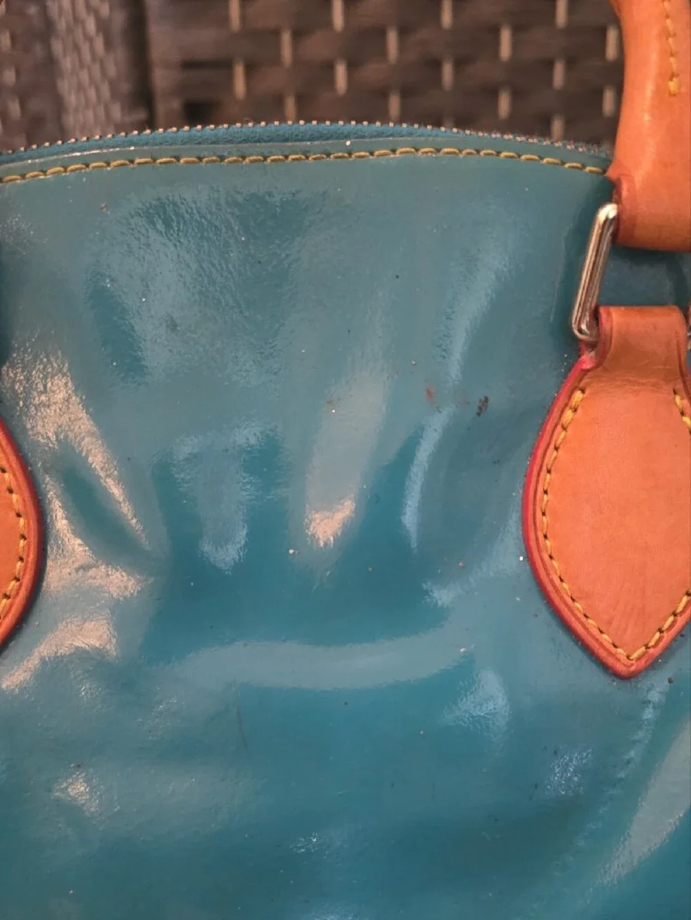 Dooney & Bourke Teal Patent Leather Zip Zip Domed Satchel Bag, Needs Cleaning
